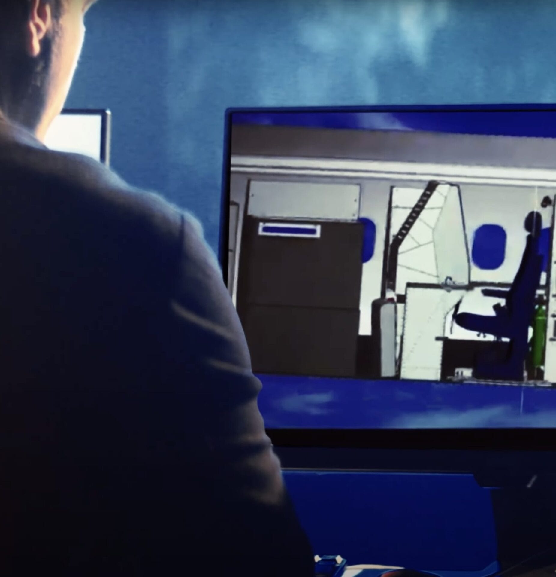 Photograph of an engineer behind a screen displaying 2D cabin sketch